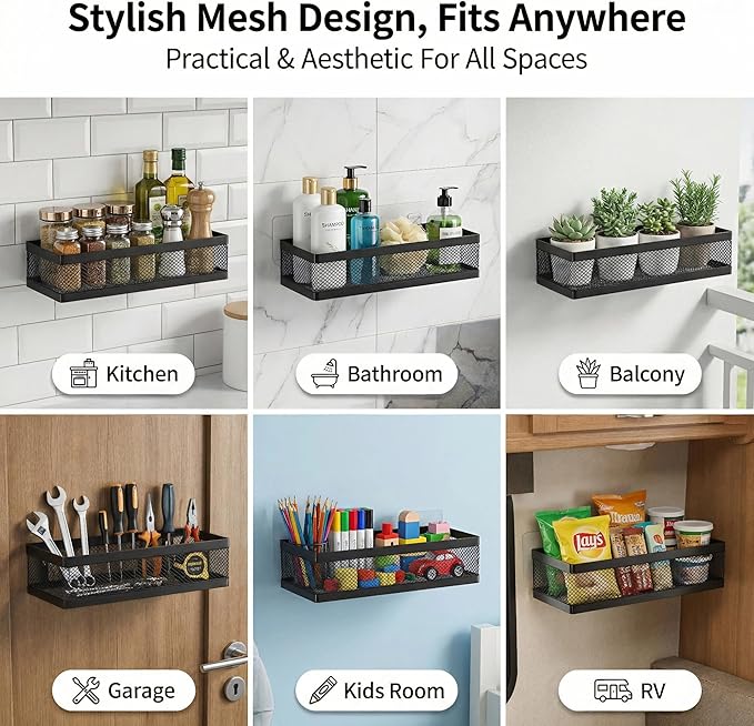 PUSDON Mesh Shower Caddy Wall Mount, Heavy Duty Adhesive Bathroom Shelf Organizer, Rustproof Floating Spice Rack for Kitchen Pantry, Holds 50 LBS, Multi-Purpose Storage Black-2 Packs (Netting)