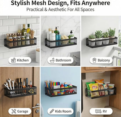 PUSDON Mesh Shower Caddy Wall Mount, Heavy Duty Adhesive Bathroom Shelf Organizer, Rustproof Floating Spice Rack for Kitchen Pantry, Holds 50 LBS, Multi-Purpose Storage Black-2 Packs (Netting)