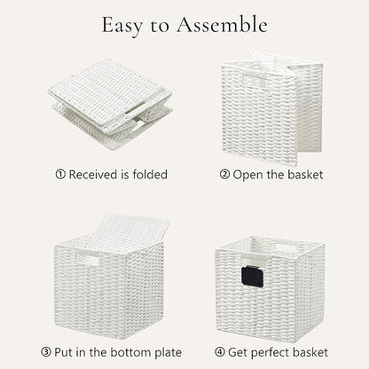 UBBCARE 2 Pack Wicker Basket, 10.5×10.5 Storage Cubes with Label, Foldable Cube Storage Bin with Handle, Square Storage Basket for Shelves, Woven Paper Rope Basket for Organizing, White