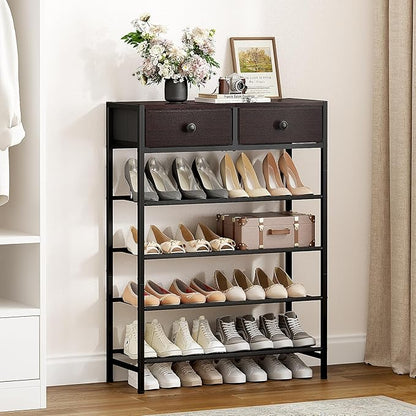 Shoe Rack, 5 Tier Shoe Organizer with 2 Drawers, Metal Shoe Storage for 16-20 Pairs of Shoes with Fabric Shelves and Wooden Top, Narrow Shoe Shelf for Closet Entryway Dark Brown