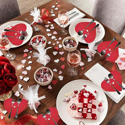 mdgfge 10Pcs Valentine's Day Tableware Utensil Holder Red Heart Shape Silverware Holders Pocket Set, Red Love Theme Felt Flatware Bags Covers for Engagement Xmas Dinner Table Party Decor Supplies