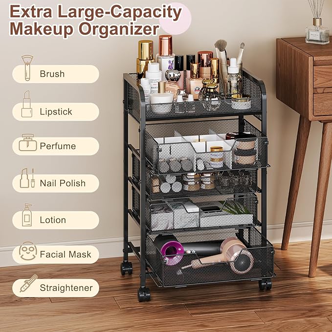 Hongtamoya Makeup Cart Organizer with 4 Drawers, Vanity Storage Organizer, Large Floor Skincare Organizers Cosmetics Display Cases for Skin Care Perfume Nail Polish, Black