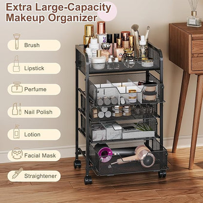 Hongtamoya Makeup Cart Organizer with 4 Drawers, Vanity Storage Organizer, Large Floor Skincare Organizers Cosmetics Display Cases for Skin Care Perfume Nail Polish, Black