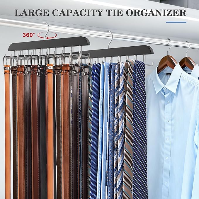 Tie Rack Hanger for Closet 20 Foldable Hooks, 1 Pack Wooden Non Slip Large Capacity Space Saving Tie and Belt Organizer with 360° Rotating Hooks for Tank Tops Bras Scarves Hat