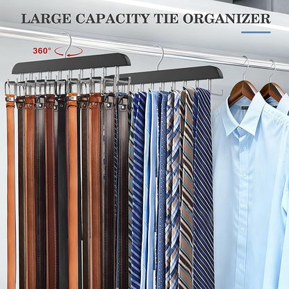 Tie Rack Hanger for Closet 20 Foldable Hooks, 1 Pack Wooden Non Slip Large Capacity Space Saving Tie and Belt Organizer with 360° Rotating Hooks for Tank Tops Bras Scarves Hat