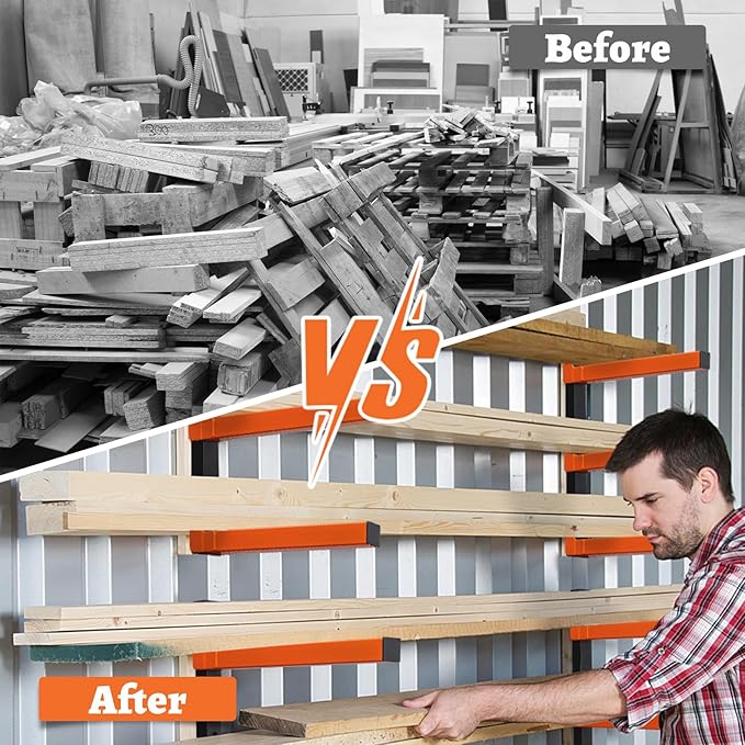 HOME RIGHT 4 Pack Lumber Rack,Wood Organizer and Lumber Storage Rack Wall Mount with 3-Level,Orange Heavy Duty Metal Wood Storage Racks for Indoor and Outdoor