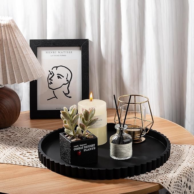 Round Bathroom Tray Silicone Kitchen Counter Decor Vanity Organizer Decorative Coffee Table Tray for Perfume, Candle, Soap Dish, 12 Inch, Black