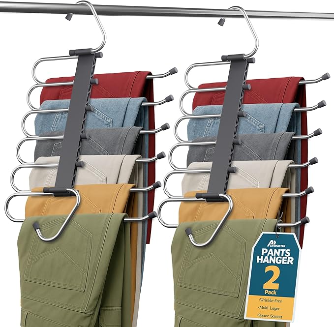 Lifemaster Space Saving Pants Hangers 2 Pack, 6 Layer Jeans Hangers & Closet Organizer for Jeans, Scarves, & Skirts, Multi-Layer Hanger with Anti-Slip Stopper, Heavy-Duty S-Type Stainless Steel, Gray