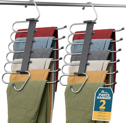 Lifemaster Space Saving Pants Hangers 2 Pack, 6 Layer Jeans Hangers & Closet Organizer for Jeans, Scarves, & Skirts, Multi-Layer Hanger with Anti-Slip Stopper, Heavy-Duty S-Type Stainless Steel, Gray