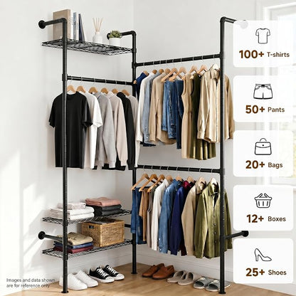 F2 Wall Mounted Closet System, Industrial Pipe Clothing Rack for Hanging Clothes, Heavy Duty Closet Organizer System, Clothes Racks with Shelves & Expandable Rod for Wardrobe, Corner, Black