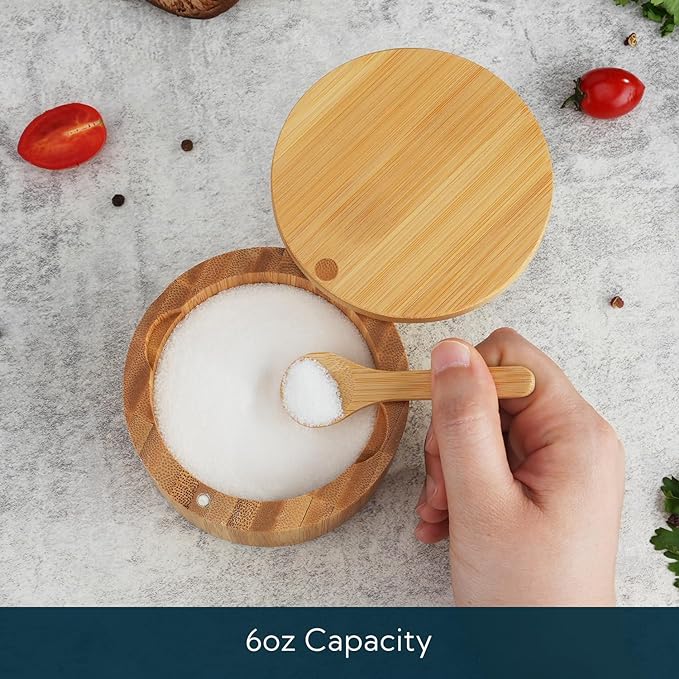 KITCHENDAO Bamboo Salt Cellar Bowl Box Container with Built-in Spoon, Elegant Kitchen Salt Dish Holder Saver Jar with Swivel Magnetic Lid to Storage Pepper Spice, 6OZ