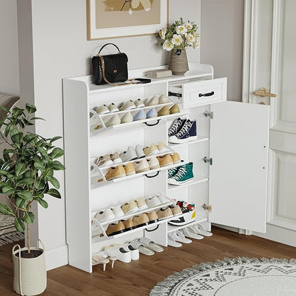 Shoe Cabinet for Entryway, Freestanding Shoe Storage Cabinet with 3 Flip Drawers and Side Cabinet, Narrow Shoe Rack Organizer with Adjustable Shelves, Modern Slim Hidden Shoe Cabinet, White