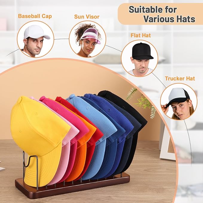 Hat Organizer for Baseball Caps, Hat Rack Stand for 20 Hats Wood Metal Hat Holder Storage Baseball Cap Organizer for Closet Dresser Desk (Brown, 2 Packs)