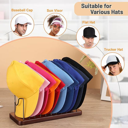 Hat Organizer for Baseball Caps, Hat Rack Stand for 20 Hats Wood Metal Hat Holder Storage Baseball Cap Organizer for Closet Dresser Desk (Brown, 2 Packs)