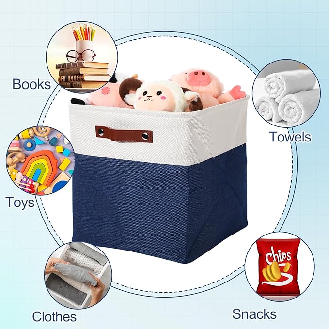 Uiifan 8 Pack 12 x 12 x 12 Inch Large Storage Baskets Collapsible Fabric Storage Cubes Bins with Handles for Shelves Closets Nursery Home Clothes Toys Organizers, Blue