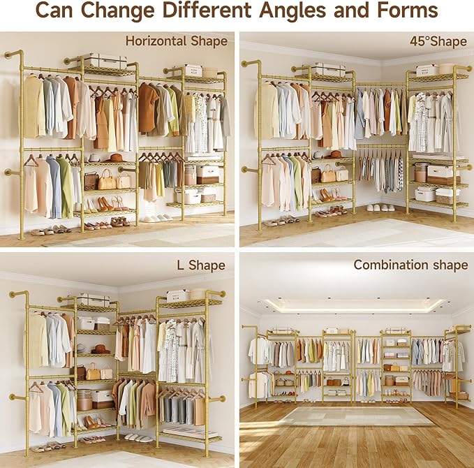 ONBRILL H4 Wall Mounted Closet System, Expandable Industrial Pipe Clothes Rack Clothing Rack for Hanging Clothes, Heavy Duty Closet Organizers and Storage in Wardrobe Closet - Gold