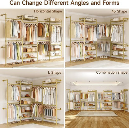 ONBRILL H4 Wall Mounted Closet System, Expandable Industrial Pipe Clothes Rack Clothing Rack for Hanging Clothes, Heavy Duty Closet Organizers and Storage in Wardrobe Closet - Gold
