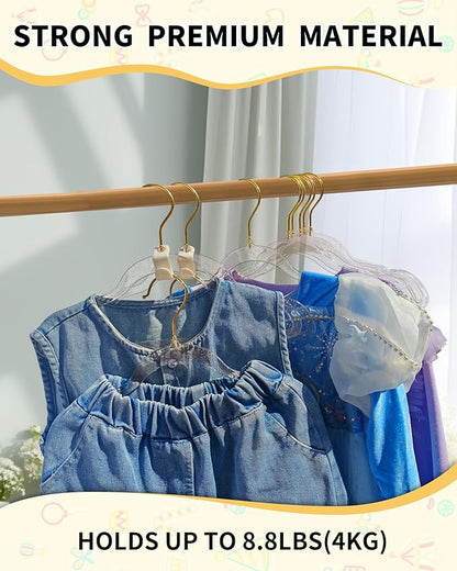 HGYZE Toddler Hangers for Kids Clothes Closet, 50pcs Slim Baby Hangers with 10 Connector Hooks for Infant Coat, Perchas de Plástico for Boy Nursery (Clear Sparkling Hangar with Gold Glitter)