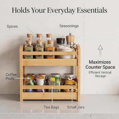 Briful 2 Tier Bamboo Spice Rack Organizer for Countertop, Small Kitchen Shelf for Spices, Coffee Bar, Pantry & Cabinet Organization