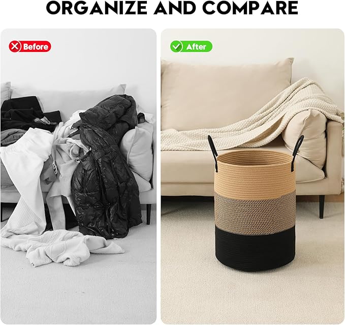 Laundry Basket Hamper Tall Rope Storage Woven for Blanket toys Dirty Clothes in Living Room Bathroom Bedroom (Jute Brown & Black, 60L/15.8Gal)