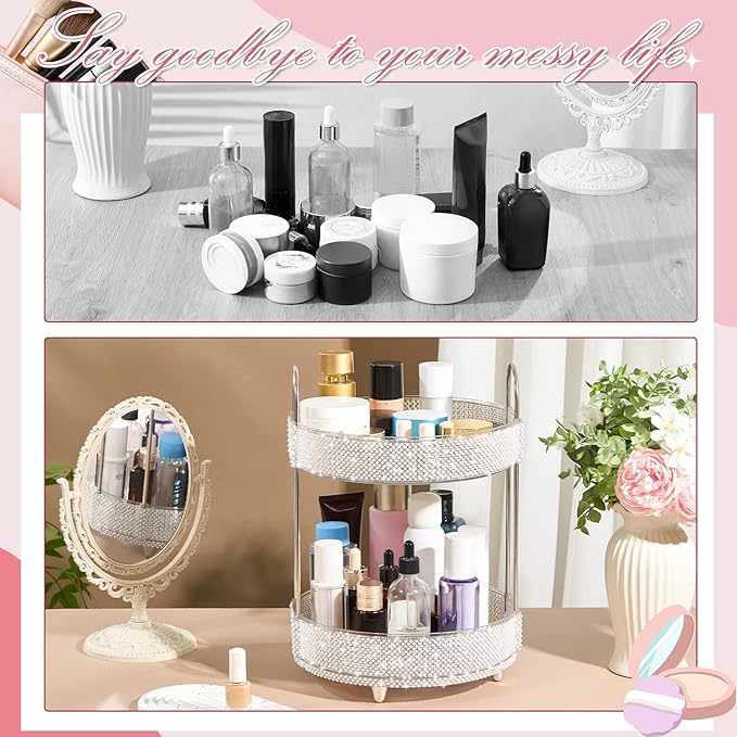 Honeydak 360 Rotating Perfume Organizer for Mother Day Nurse Day Rhinestone Bathroom Counter Organizer Makeup Holder Skincare and Perfume Storage for Cosmetic Countertop(2 Tiers,Pearl,White)