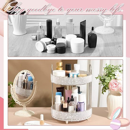 Honeydak 360 Rotating Perfume Organizer for Mother Day Nurse Day Rhinestone Bathroom Counter Organizer Makeup Holder Skincare and Perfume Storage for Cosmetic Countertop(2 Tiers,Pearl,White)