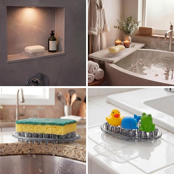 4 Pcs Plastic Soap Holder Soap Dish Bar Saver Tray with Holes Sponge Holder for Kitchen Bathroom Shower Counter, 4.5 x 3 x 0.7 Inches (Clear,Light Gray)