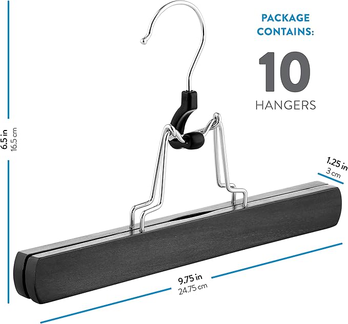 ZOBER High-Grade Wooden Non Slip Skirt Hangers with 360 Swivel Hook (Black, 10 Pack)