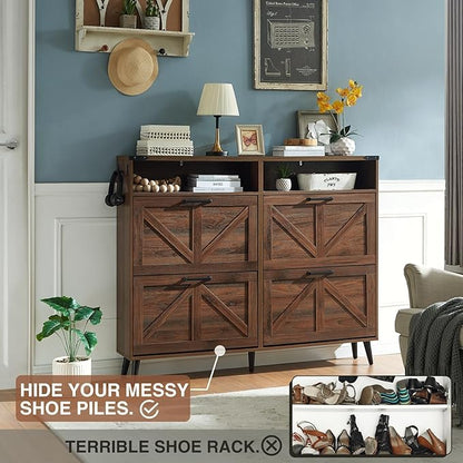 Barnyatoh Shoe Storage Cabinet,Farmhouse Shoe Organizer with 4 Flip Drawers & Barn Door Design,Freestanding Hidden Slim Narrow Shoe Rack Cabinet with Open Shelves for Entryway,Foyer,Hallway,Walnut