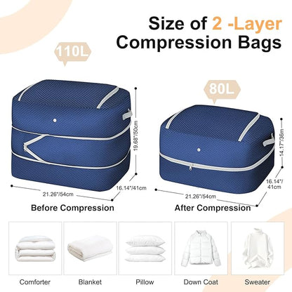 Comforter Storage Bag - 110L Large Capacity Blanket Storage Bags Ultra Space Saving Self Compression Organizer, Washable Compression Bags for Storage Comforter Blanket, 4-Pack, Navy Blue