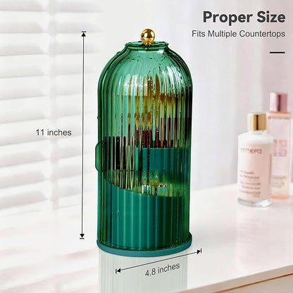 Hvygss 360° Rotating Makeup Brush Holder with Lid, Waterproof Three-Compartment Makeup Organizer, 180° Side-Pull Door Desk Organizer, Dustproof Brush Holder for Vanity and Bathroom (Green)