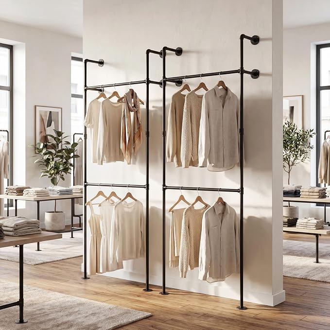 Giantex Industrial Pipe Clothing Rack, 42" Wall Mounted Heavy-Duty Metal Garment Organizer with 2 Hanging Rods, 2-Tier Walk-in Closet System for Wardrobe Closet, Retail Display