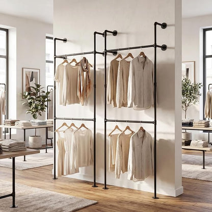 Giantex Industrial Pipe Clothing Rack, 42" Wall Mounted Heavy-Duty Metal Garment Organizer with 2 Hanging Rods, 2-Tier Walk-in Closet System for Wardrobe Closet, Retail Display