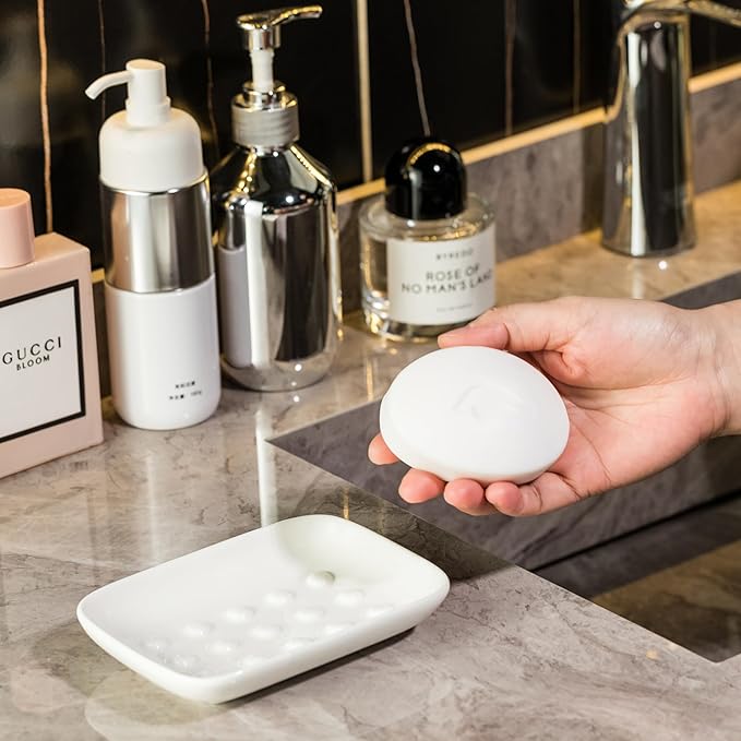 Miamolo Soap Dish, Ceramic Soap Holder Shower Soap Dish for Bar Soap Sponge, Soap Saver Tray for Bathroom Kitchen Sink, White (Pack of 2)