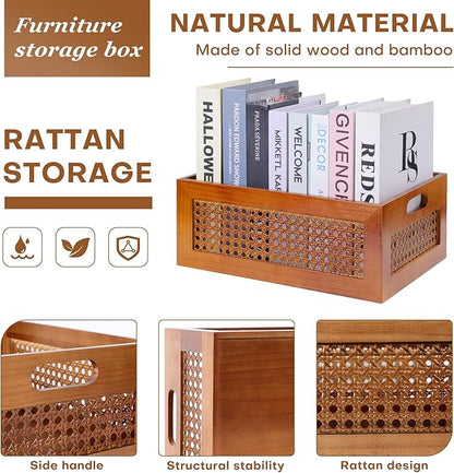 Wooden Storage Basket Handmade Rattan Drawer Storage Box with Frame & Handles Decorative Natural Bamboo Woven Bins Rustic Farmhouse Decor Home Office Tabletop Shelf Organizer 15" x 11" x 5.9"