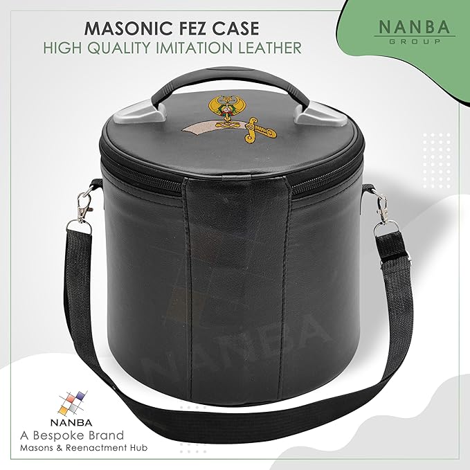 Machine Embroidered Shriner Fez Case – Deluxe Masonic Fez Cap Storage Box with Strap, Imitation Leather Gifts, Display Box for Masonic Fez Hats (Black)
