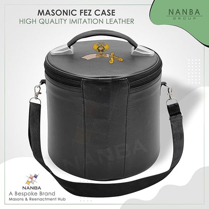 Machine Embroidered Shriner Fez Case – Deluxe Masonic Fez Cap Storage Box with Strap, Imitation Leather Gifts, Display Box for Masonic Fez Hats (Black)