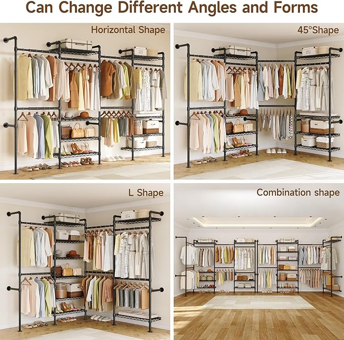 ONBRILL H4 Wall Mounted Closet System, Expandable Industrial Pipe Clothes Rack Clothing Rack for Hanging Clothes, Heavy Duty Closet Organizers and Storage in Wardrobe Closet