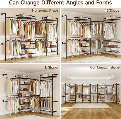 ONBRILL H4 Wall Mounted Closet System, Expandable Industrial Pipe Clothes Rack Clothing Rack for Hanging Clothes, Heavy Duty Closet Organizers and Storage in Wardrobe Closet