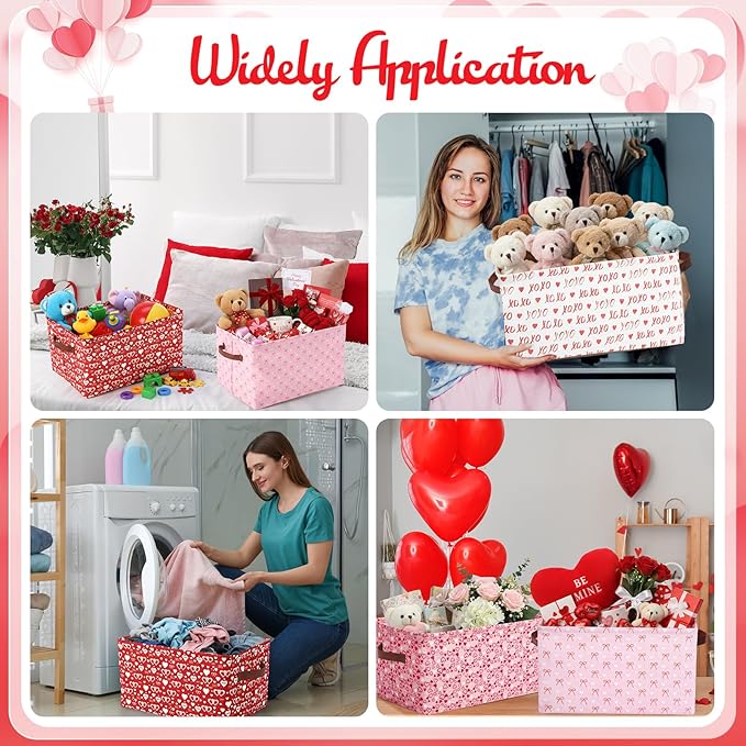 Boao 4 Pack Valentines Day Storage Baskets for Gifts Empty Collapsible Valentines Laundry Storage Bins with Handles Decorative Shelf Baskets Boxes for Home Bedroom Office Clothes Toys Containers