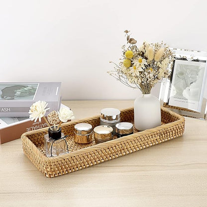Sumnacon 16 Inch Rattan Bathroom Vanity Tray - Decorative Wicker Toilet Tank Tray for Paper Hand Towel, Vintage Storage Basket Bin for Bathroom Kitchen Toilet Tank Vanity Countertop Table Shelf