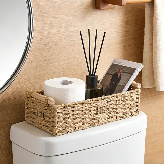 Bathroom Basket for Toilet Tank Top - Beige Toilet Paper Basket with Handles, Paper Rope Back of Toilet Tank Baskets for Counter, Shelves, Countertop, Boho Bathroom Decor 2 PCS