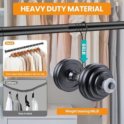 Adjustable Closet Rod - 17 to 84 Inch Heavy Duty Tension Rod for Hanging Clothes, Black Curtain Rod Ideal for Closets, Wardrobes, Bathrooms, and Laundry Rooms (17-57IN)