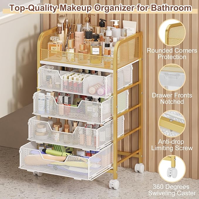 Hongtamoya Makeup Cart Organizer with 4 Drawers, Large Floor Skincare Organizers, Vanity Storage Organizer Cosmetics Display Cases for Skin Care Perfume Nail Polish, Gold