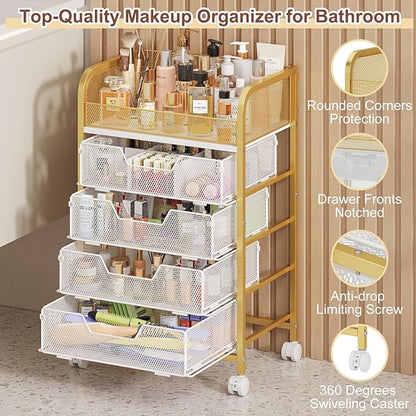 Hongtamoya Makeup Cart Organizer with 4 Drawers, Large Floor Skincare Organizers, Vanity Storage Organizer Cosmetics Display Cases for Skin Care Perfume Nail Polish, Gold