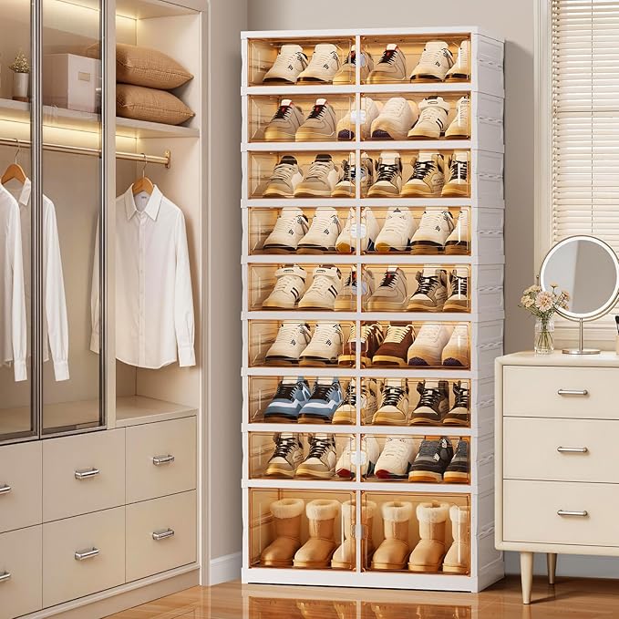 EHAMILY Foldable Shoe Rack Organizer 9-Tier, 27 Pairs Collapsible Shoe Storage Cabinet with Doors, Clear Plastic Stackable Shoe Organizer for Closet, with Boots Space, Easy Tool-Free Assembly, White
