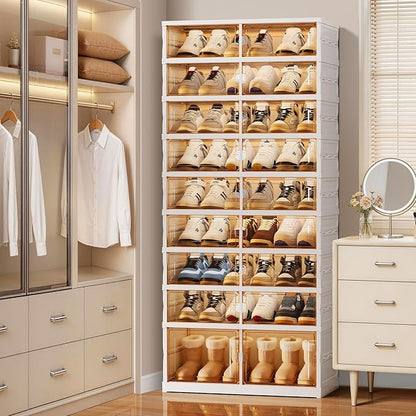 EHAMILY Foldable Shoe Rack Organizer 9-Tier, 27 Pairs Collapsible Shoe Storage Cabinet with Doors, Clear Plastic Stackable Shoe Organizer for Closet, with Boots Space, Easy Tool-Free Assembly, White