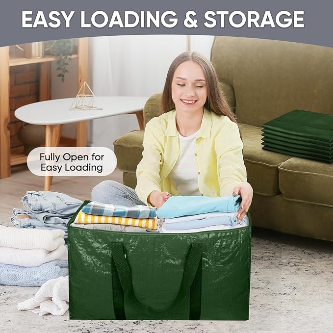 TICONN 6 Pack Extra Large Moving Bags Heavy Duty with Zippers & Carrying Handles, Durable Storage Bags Moving Boxes for Closet Organizers and Storage (6 Pack, Olive)