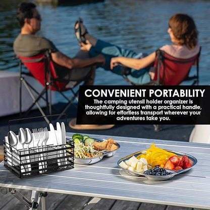 Stainless Steel Utensil Basket,Dishwasher , Flatware Basket, Kitchen, Countertop, Office, Camping, Outdoors, and Restaurants, 4-Compartment, Black
