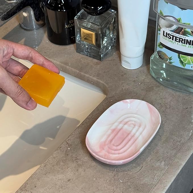 Ceramic Marble Pattern Soap Dish, Textured Raised Soap Saver Tray for Shower Bathroom Kitchen Sink Vanity, Easy to Clean Multi-Use Holder for Bar Soap Jewelry Rings Keys, Red (1 Pack)